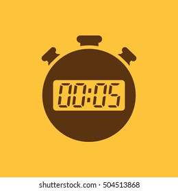 The 5 seconds, minutes stopwatch icon. Clock and watch, timer, countdown, stopwatch symbol. UI. Web. Logo. Sign. Flat design. App. Stock vector