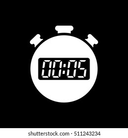 The 5 seconds, minutes stopwatch icon. Clock and watch, timer, countdown, stopwatch symbol. UI. Web. Logo. Sign. Flat design. App. Stock vector
