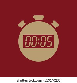The 5 seconds, minutes stopwatch icon. Clock and watch, timer, countdown, stopwatch symbol. UI. Web. Logo. Sign. Flat design. App. Stock vector