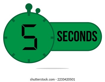 5 Seconds timer clock. Digital timer with 5 sec icon. Time measure and countdown. Chronometer green icon isolated on white background