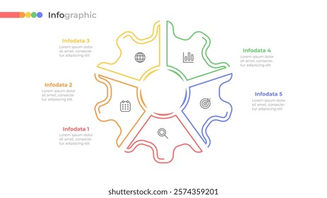 5 section gear infographic with colorful segments with marketing icons for planning. Vector illustration.