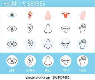 5 senses icon set. Touch, smell, hearing, vision, taste.
eye, nose, ear, hand, mouth with tongue.
flat and minimal line icons vector illustration.
isolated on background.