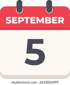 5 September Daily Calendar Icon in flat design style red and white
