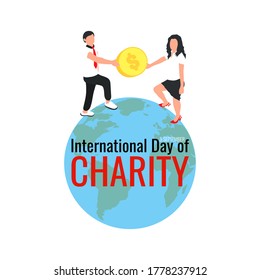 5 September International day of charity. Men and woman with coin in hand stand on Earth globe on white background. Poster, banner, flyer, card concept design. Vector illustration