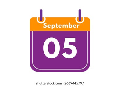 5 September month single day vector, illustration, calendar with orange, purple, ash and white color background calendar icon of September 5