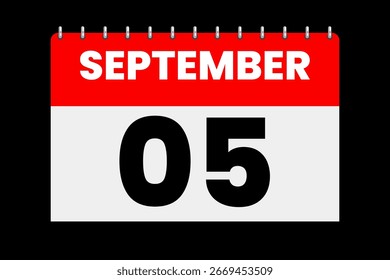 5 September month single day vector, illustration, calendar with red, off-white and black color background calendar icon of September 5