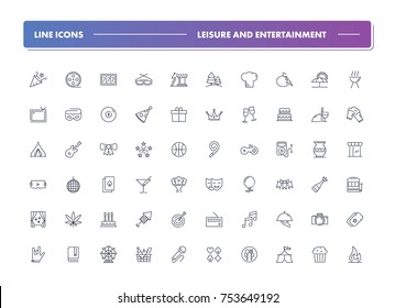 5. Set of 60 line icons. Leisure and entertainment collection. Vector illustration for internet and online work 