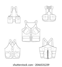 5 set chest vest bag outline drawing vector, chest vest bag in a sketch style, trainers template outline, vector Illustration.