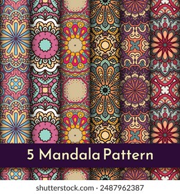 5 Set of Colorful Mandala Seamless Pattern  