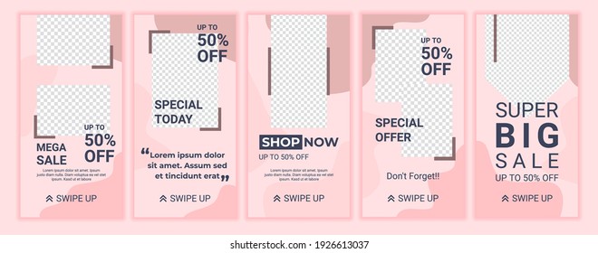 5 Set of cute feminine sale banners for social media stories with soft pastel pink color. Business template design for fashion or beauty salon discount promo. Summer mega sale. Vector illustration