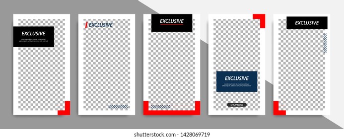 5 Set editable social media stories square post in blue indigo, red, black and white color geometric shape banner template. Minimal modern stripe line design with grey background vector illustration