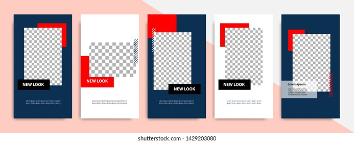 5 Set editable social media stories square post in blue indigo, red, black and white color geometric shape banner template. Minimal modern stripe line design with peach background vector illustration