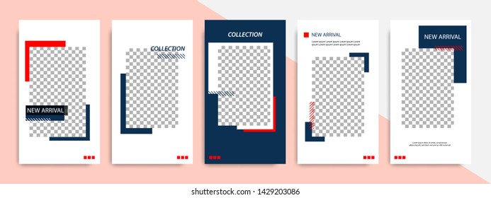 5 Set editable social media stories square post in blue indigo, red, black and white color geometric shape banner template. Minimal modern stripe line design with peach background vector illustration