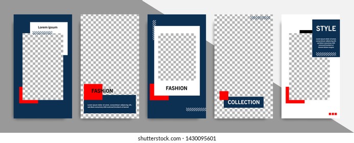 5 Set editable social media stories square post in blue indigo, red, black and white color, geometric shape banner template. Minimal modern stripe line design with grey background vector illustration