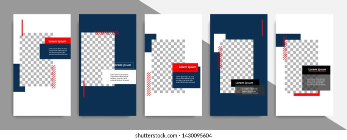 5 Set editable social media stories square post in blue indigo, red, black and white color, geometric shape banner template. Minimal modern stripe line design with grey background vector illustration