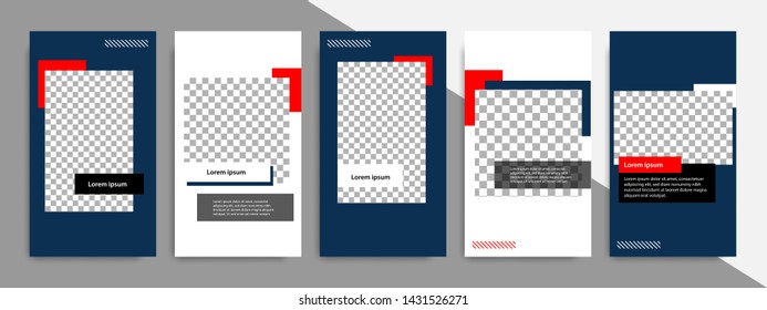 5 Set editable social media stories square post in blue indigo, red, black and white color, geometric shape banner template. Minimal modern stripe line design with grey background vector illustration