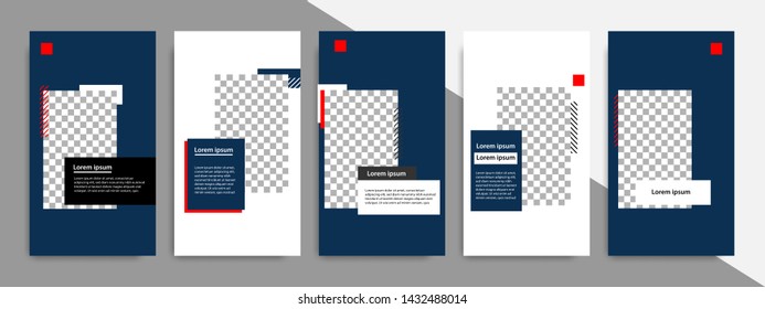 5 Set editable social media stories square post in blue indigo, red, black and white color, geometric shape banner template. Minimal modern stripe line design with grey background vector illustration