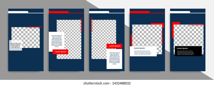 5 Set editable social media stories square post in blue indigo, red, black and white color, geometric shape banner template. Minimal modern stripe line design with grey background vector illustration