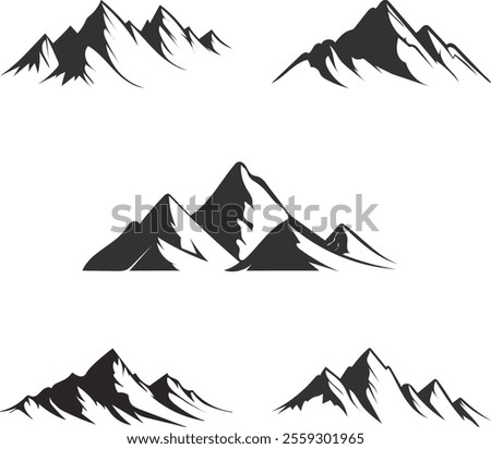 5 set of minimalist black mountain silhouettes vector art design suitable for logo, outdoor branding, decorative elements