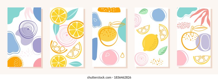 5 set nature background, Abstract Shapes Fruits, Leaves, Geometric and women shape, Collection art abstract, banner, poster, print.