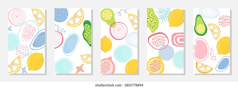 5 set nature background, Abstract Shapes Fruits, Leaves, Geometric and women shape, Collection art abstract, banner, poster, print.