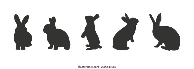 5 Ponga el conejo de silueta sobre fondo blanco. Recogida de animales de granja y mascotas. Icono de ilustración vectorial. Siluetas de liebre.	Colección de conejos