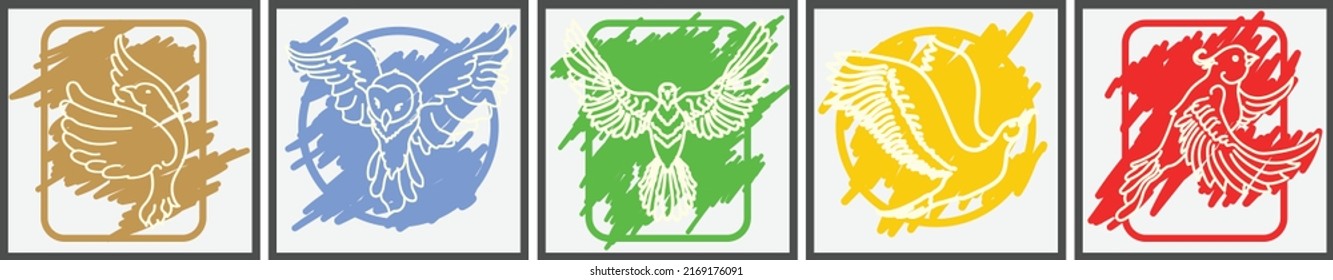 5 set vektor lukisan burung yang digambar tangan untuk dekorasi ruangan, clip art, stiker, dll