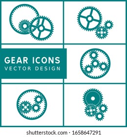 5 juegos de iconos de engranajes mecánicos verdes sobre fondo blanco. Ilustración vectorial.