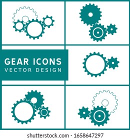 5 sets of green mechanical gear icons on white background. Vector illustration.