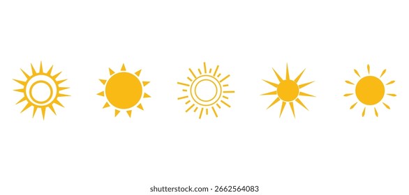 5 Conjuntos de diseño de Ilustración vectorial hecho a mano. Icono caliente lindo de la historieta del sol del estilo diferente. Símbolo de signo solar. Luz de la naturaleza del rayo del color anaranjado. Icono de Vector Eps puesta de sol. 