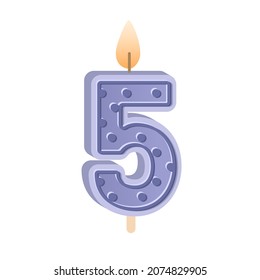 5 Shaped Birthday Candle For 5th Year Anniversary. Wax Number Five With Light For Bday Holiday Cake For Fifth Age Party With Glowing Candlewick. Flat Vector Illustration Isolated On White Background