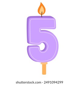 5 shaped birthday candle for 5th year anniversary. Wax number five with light for bday holiday cake for fifth age party with glowing candlewick. Flat vector illustration isolated on white background