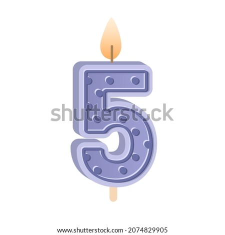 5 shaped birthday candle for 5th year anniversary. Wax number five with light for bday holiday cake for fifth age party with glowing candlewick. Flat vector illustration isolated on white background