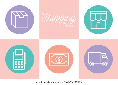 5 shopping line and block style icon set design of Commerce market store shop retail buy paying banking and consumerism theme Vector illustration