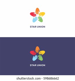 5 sided colorful star union logo icon template concept with hands for organization company.