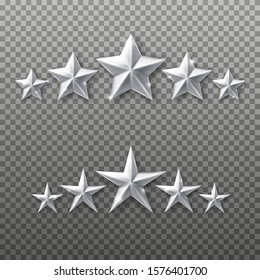 5 Silver stars rating set isolated on transparent background. Vector realistic five white stars