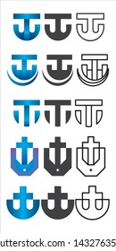 
5 simple business logo designs from the basic shape of the letter T and shield, with a blue gradient effect.