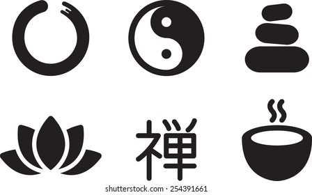 5 simple style oriental icons isolated on white background. Chinese hieroglyph Chan, or Zen, translates as "meditation".