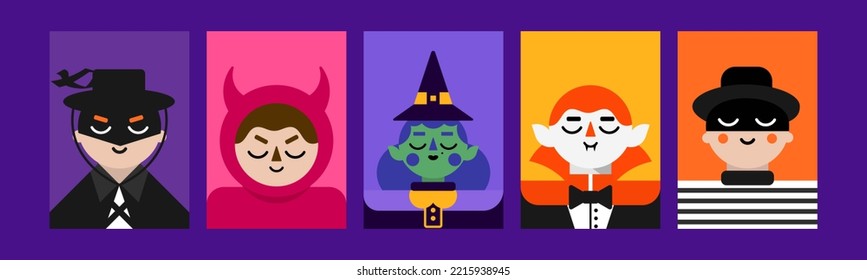 5 simples ilustraciones vectoriales con caracteres de Halloween. Cute Design con el Zorro, un muchacho vestido de ladrón y diablo, bruja y Drácula. Excelente como afiches, invitaciones, banner de medios, postal.