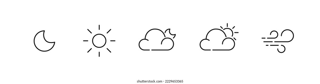 5 simple weather forecast icons. Moon, sun, partly cloudy at night and day, wind. Pixel perfect, editable stroke
