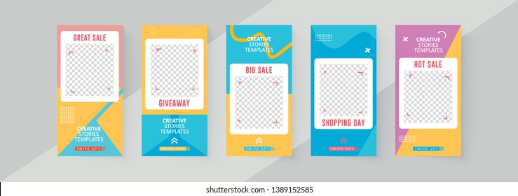 5 Slides social networks stories design, vertical banner or flyer templates. Set of minimalistic stories for social media.