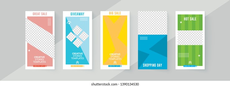 5 Slides social networks stories design, vertical banner or flyer templates. Set of minimalistic stories for social media.