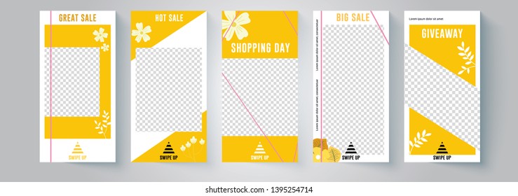 5 Slides social networks stories design with flower background. Set of minimalistic stories for social media. Vector illustration.