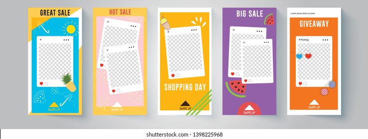 5 Slides social networks stories design with fruit background. Set of minimalistic stories for social media. Vector illustration.