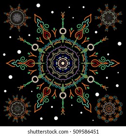 5 snowflakes winter New Year frame. Vector illustration in green and orange colors on black background.