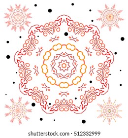 5 snowflakes winter New Year frame. Vector illustration in orange and red colors on white background.
