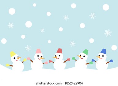 5 hombres de nieve y fondo de nieve. Ilustración vectorial. 