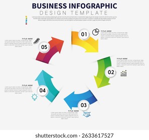 5 stage Circular Infographic Template with gradient  Arrows , Overlapping Cutout 3D Effect,