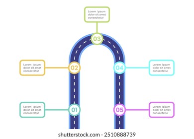 Infografía curva de la hoja de ruta de 5 etapas, Ilustración vectorial colorida del camino del hito