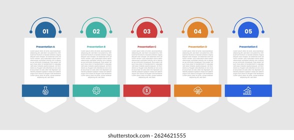 5 stage infographic diagram with arrow badge, container with circle on top with 5 step for slide presentation vector
